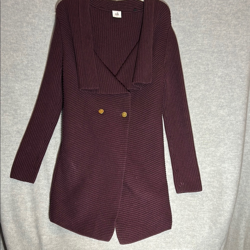 CABI Heavy Weight Long Line Cable Knit Sweater w/Waterfall Front & Gold Buttons